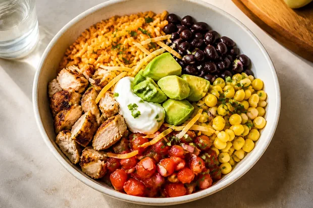 Chicken burrito bowl with rice, beans and avocado