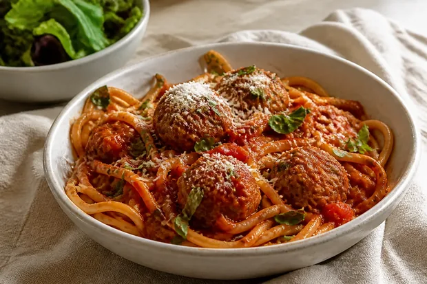 Spaghetti and meatballs with a side salad