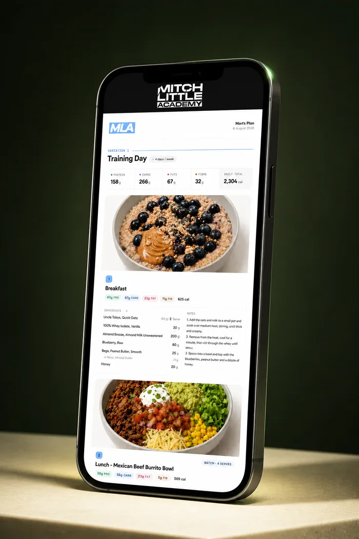 An MLA meal plan open on a black phone, showing a training day with breakfast and lunch
