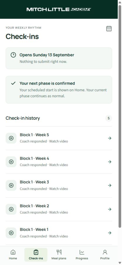 Actual demonstration client portal: weekly check-ins and coach response history